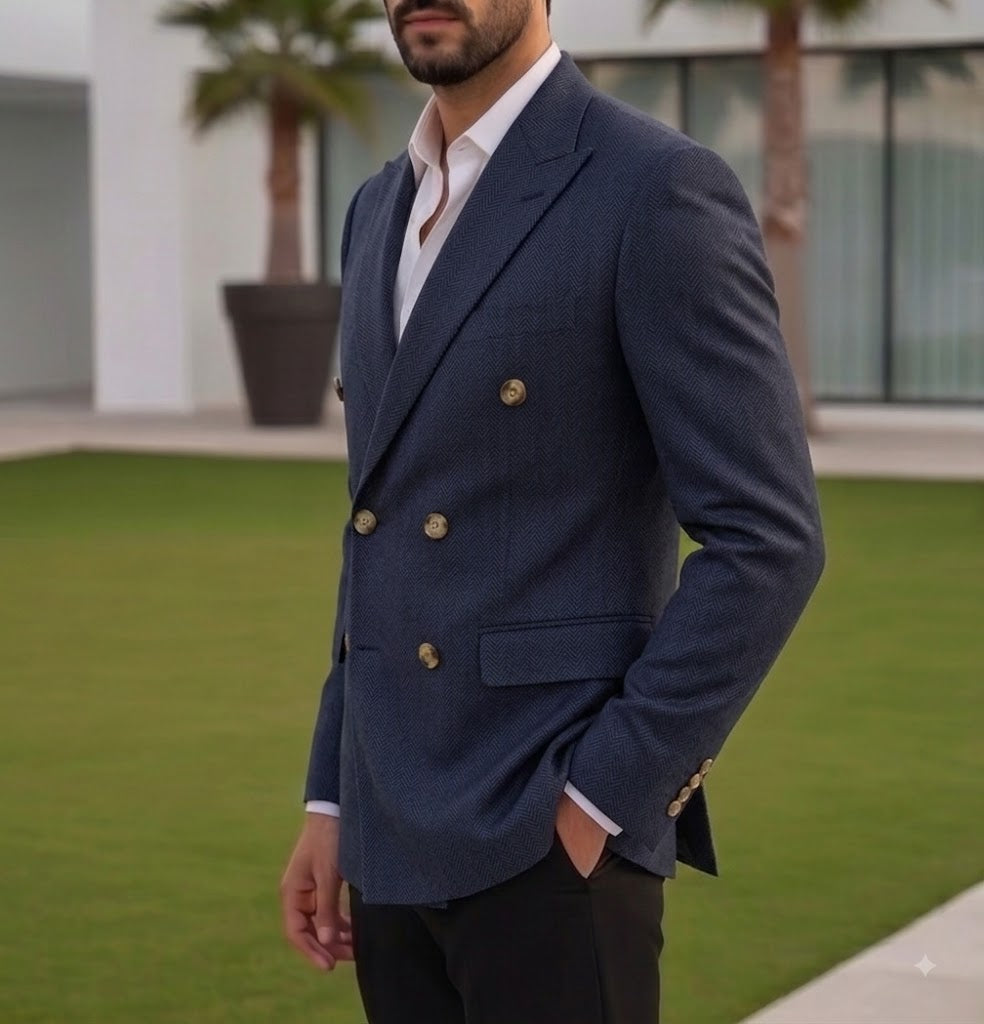 Navy Herringbone Double Breasted Blazer by Italian Vega®