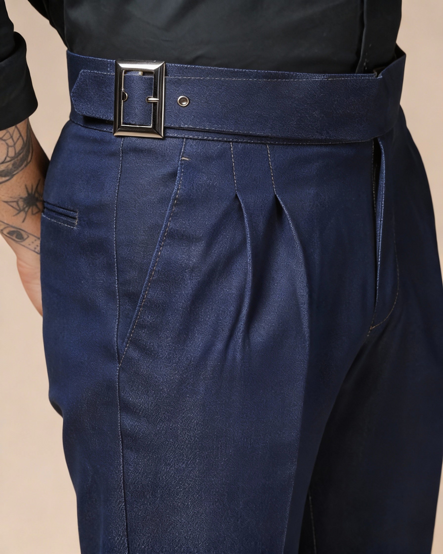 Blue Denim Classic Buckle Gurkha Trouser Pants | Boot Cut Fit by Italian Vega®