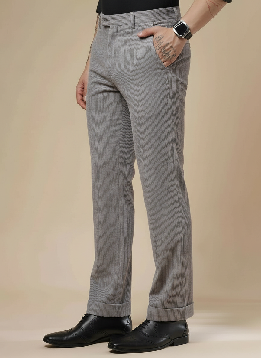 Dark Grey Corduroy Men Pleated Formal Pants | Boot Cut Fit by ITALIAN VEGA®