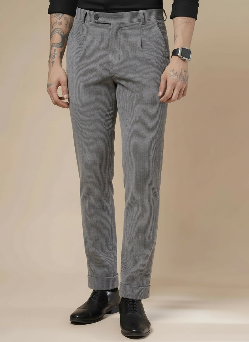 Dark Grey Corduroy Men Pleated Formal Pants | Boot Cut Fit by ITALIAN VEGA®