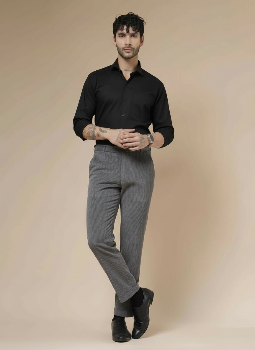 Dark Grey Corduroy Men Pleated Formal Pants | Boot Cut Fit by ITALIAN VEGA®