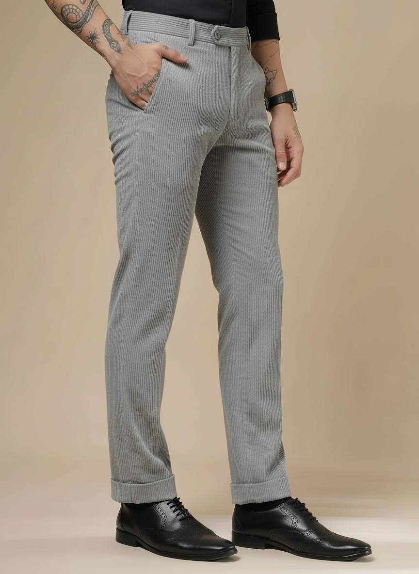 Dark Grey Corduroy Men Pleated Formal Pants | Boot Cut Fit by ITALIAN VEGA®