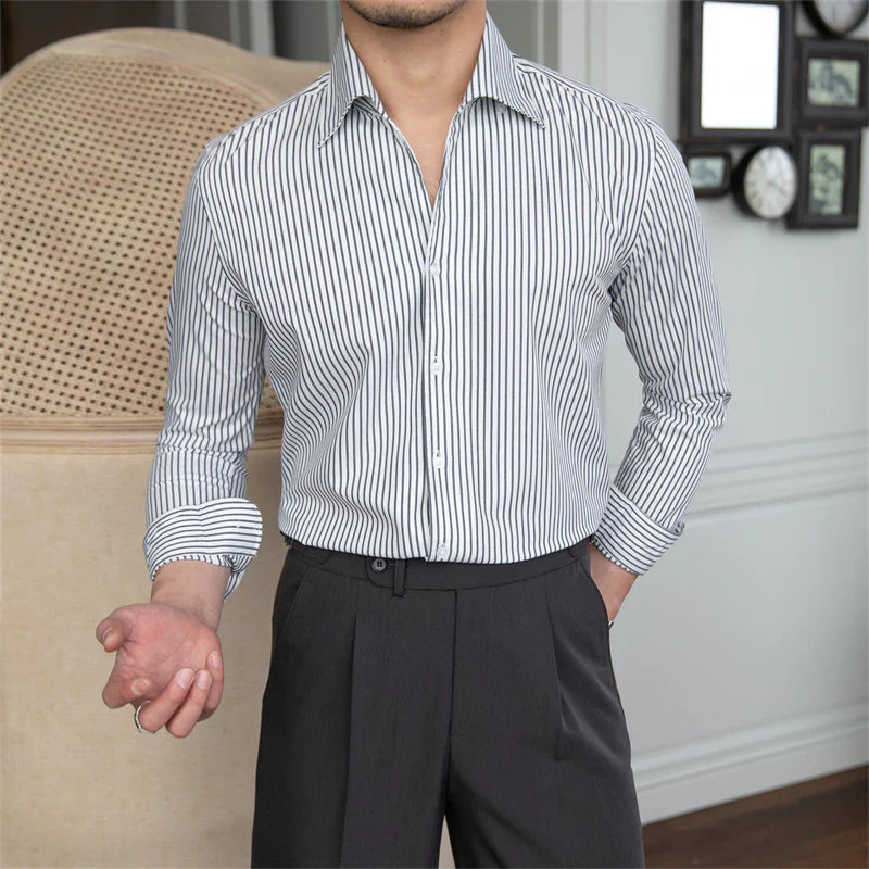 Old Money Grey Stripe Shirt with Sky Blue Denim Signature Buttoned Gurkha Pant by ITALIAN VEGA®