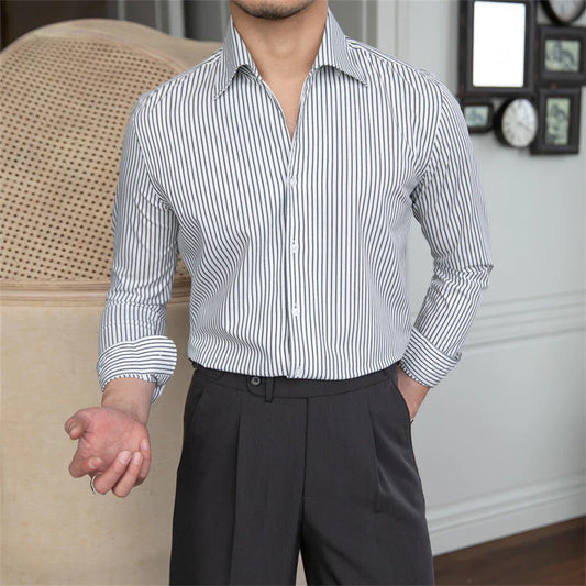 Old Money Grey Stripe Shirt with Dark Blue Denim Signature Buttoned Gurkha Pant by ITALIAN VEGA®