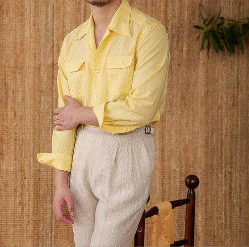 Italian Vega Open Spread Collar 100% Linen Safari Shirt