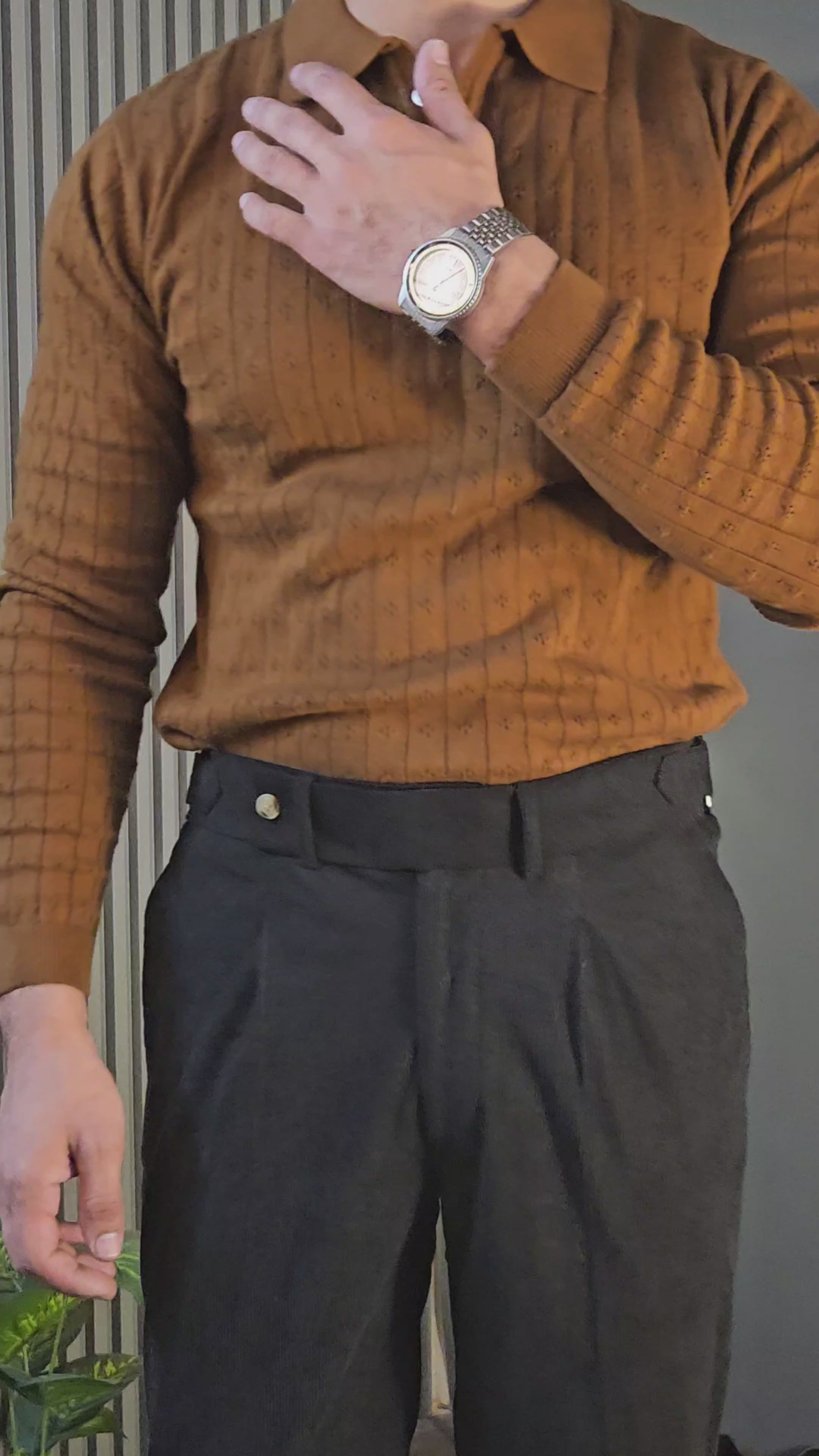 Brown Wide Stripes Full Sleeves Knit Polo × Black Corduroy Oxford Gurkha Pant