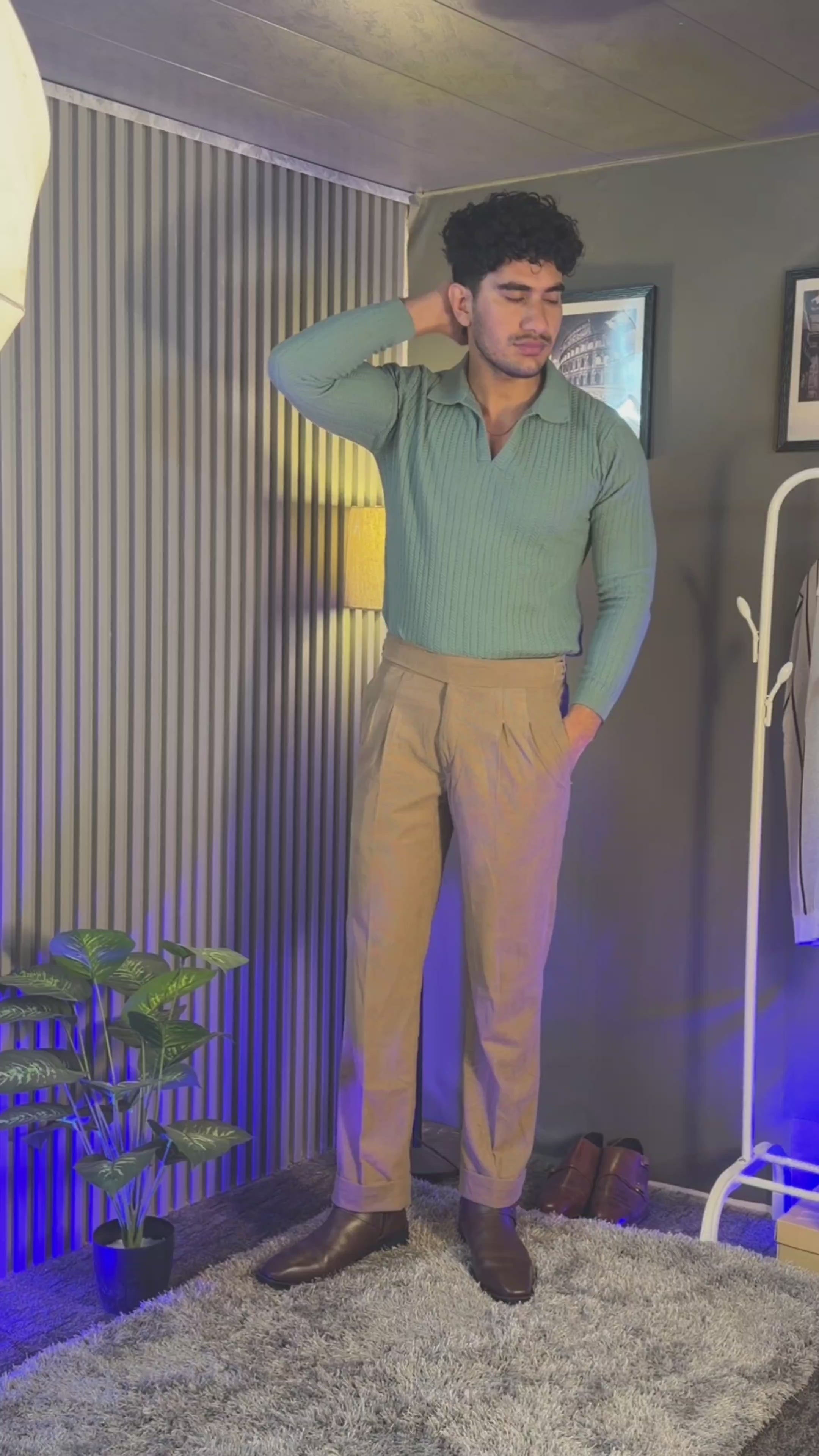 Camel Corduroy Classic Button Gurkha Pant × Sage Green Knit Full Sleeves Polo
