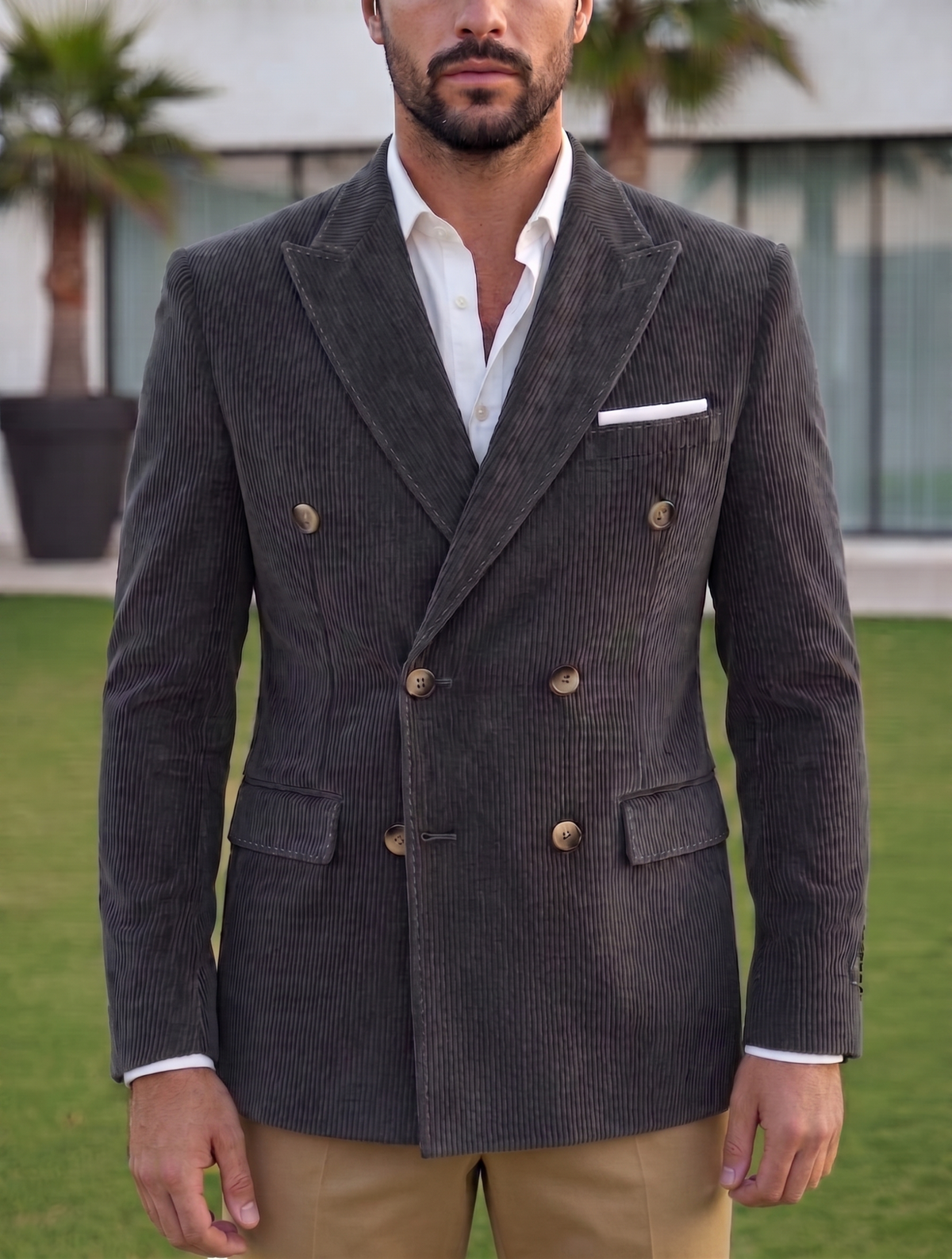 Dark Grey Corduroy Double Breasted Blazer by Italian Vega®