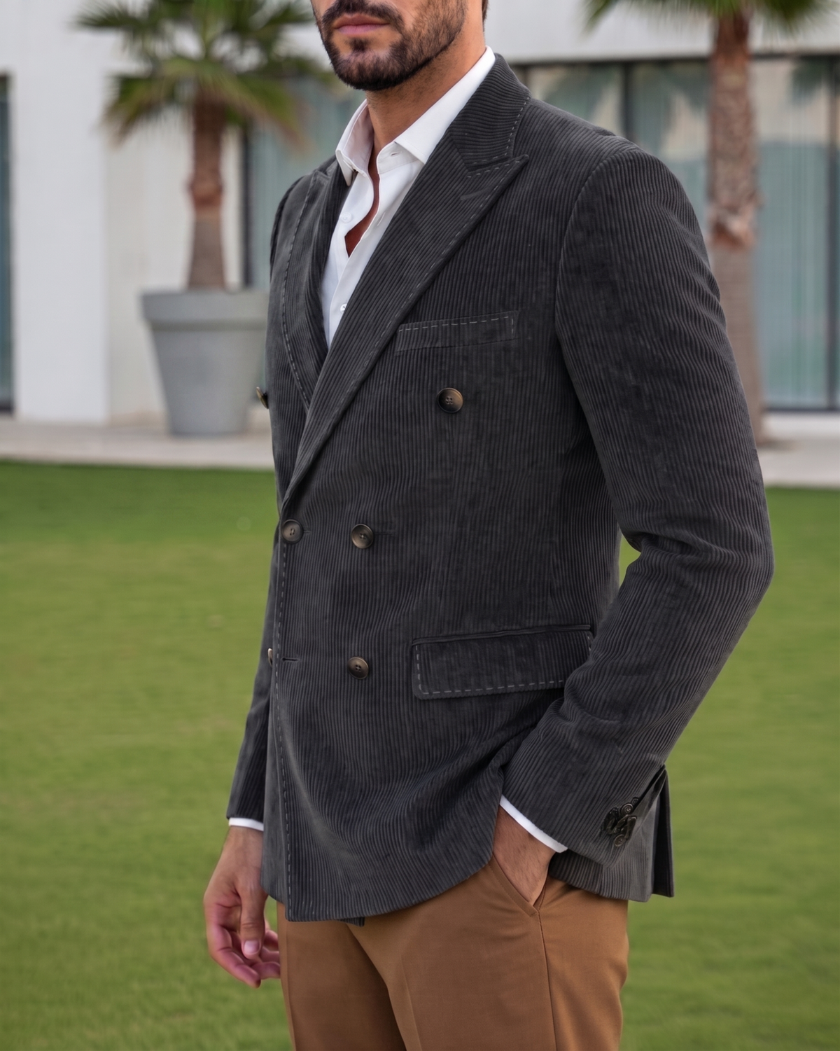 Dark Grey Corduroy Double Breasted Blazer by Italian Vega®