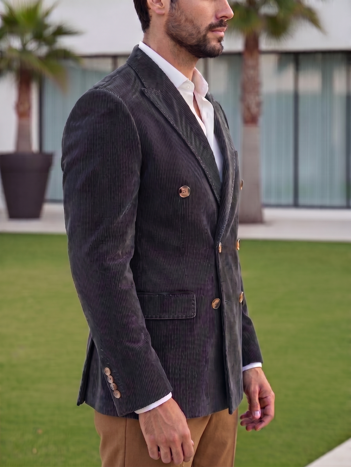 Dark Grey Corduroy Double Breasted Blazer by Italian Vega®