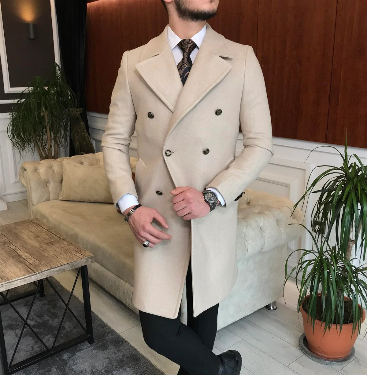 Frost Slim Fit Beige Double Breasted Wool Coat by Italian Vega®