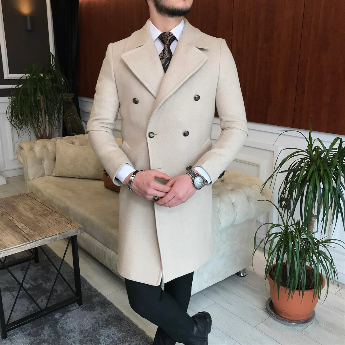 Frost Slim Fit Beige Double Breasted Wool Coat by Italian Vega®
