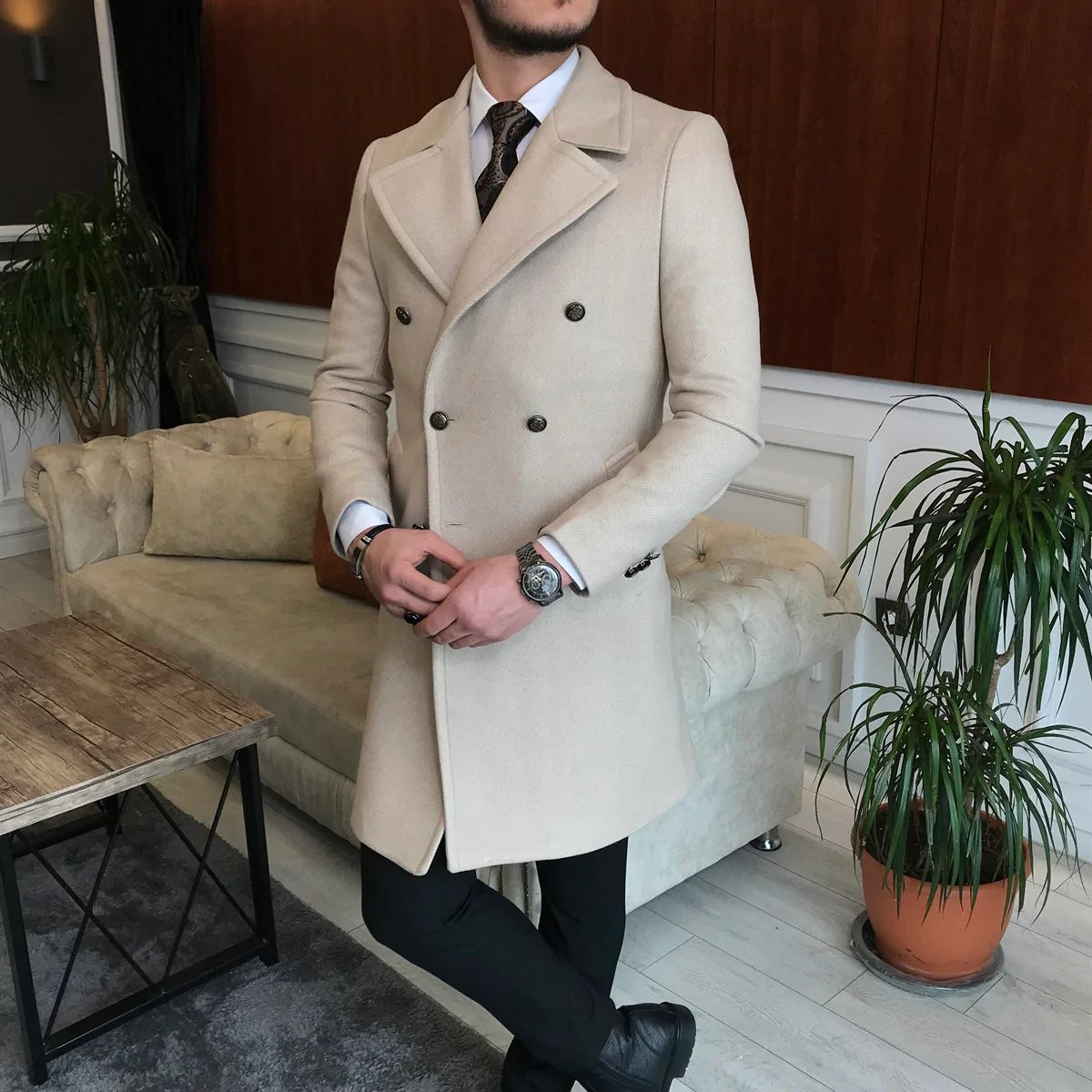 Frost Slim Fit Beige Double Breasted Wool Coat by Italian Vega®