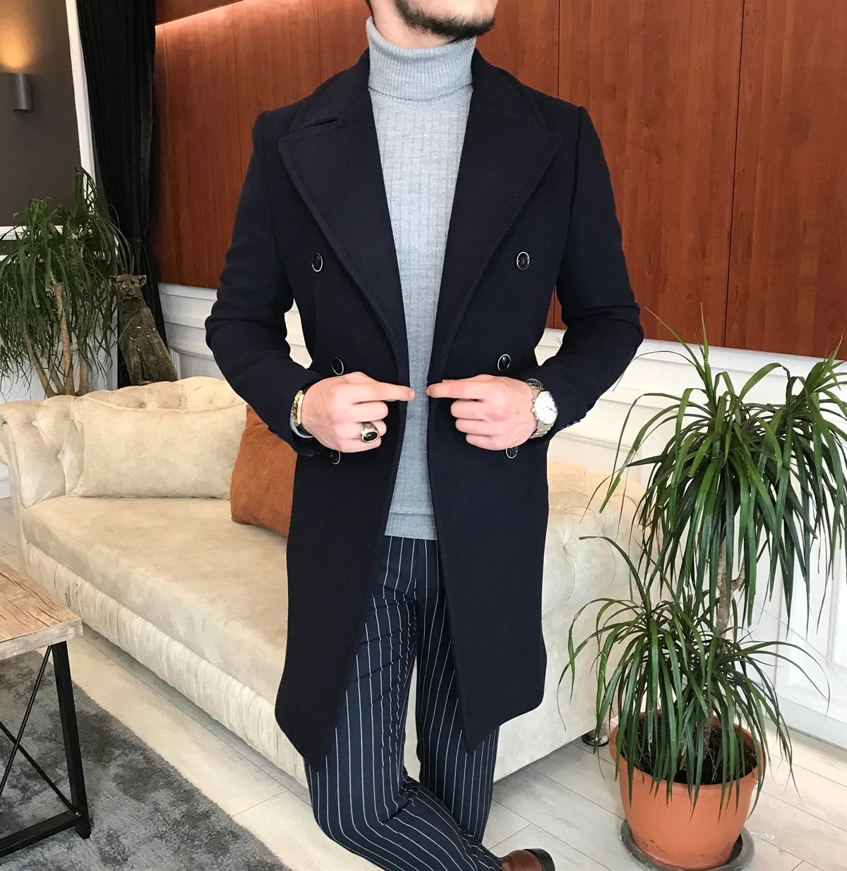 Frost Slim Fit Dark Blue Double Breasted Wool Coat by Italian Vega®