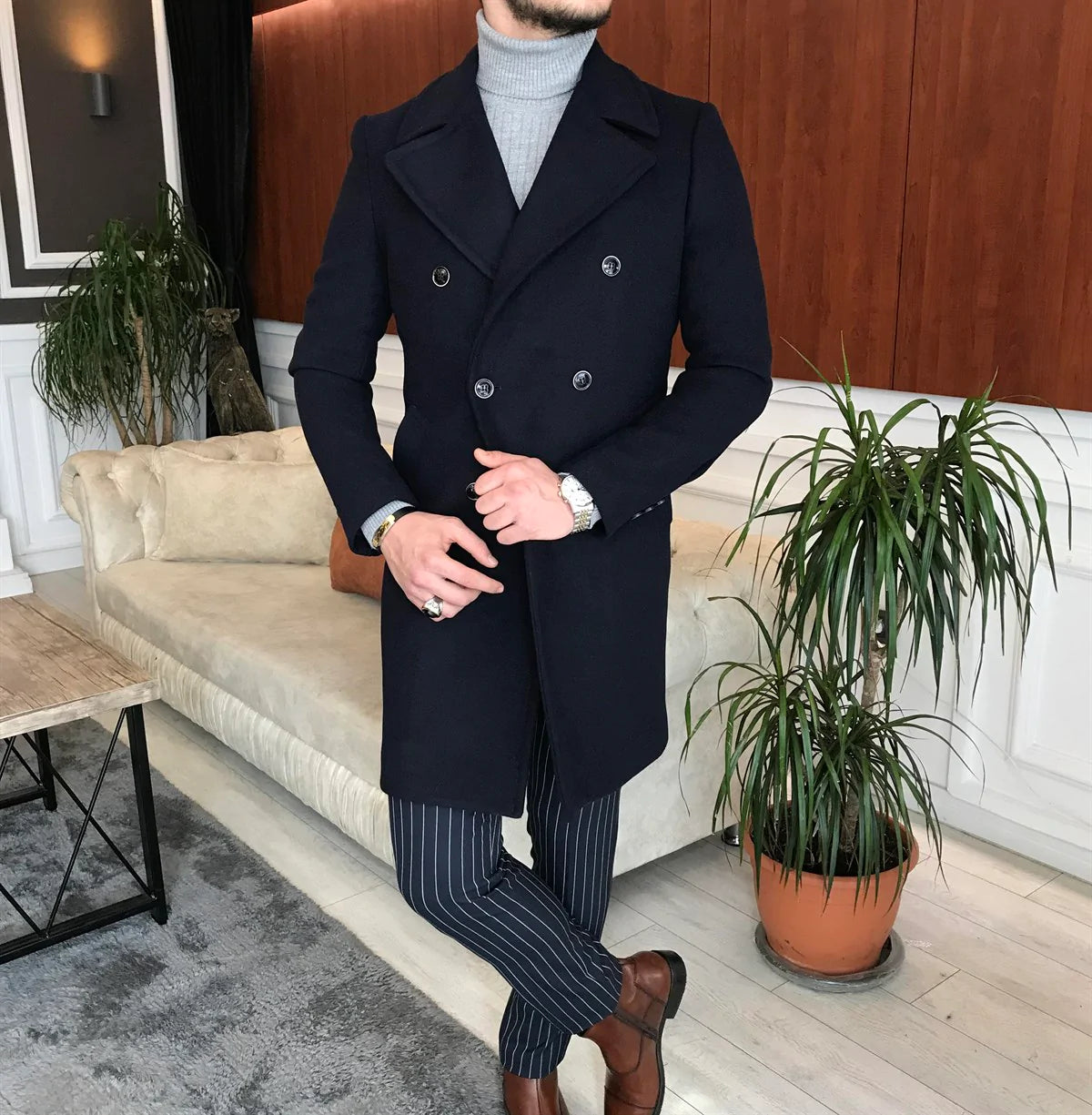 Frost Slim Fit Dark Blue Double Breasted Wool Coat