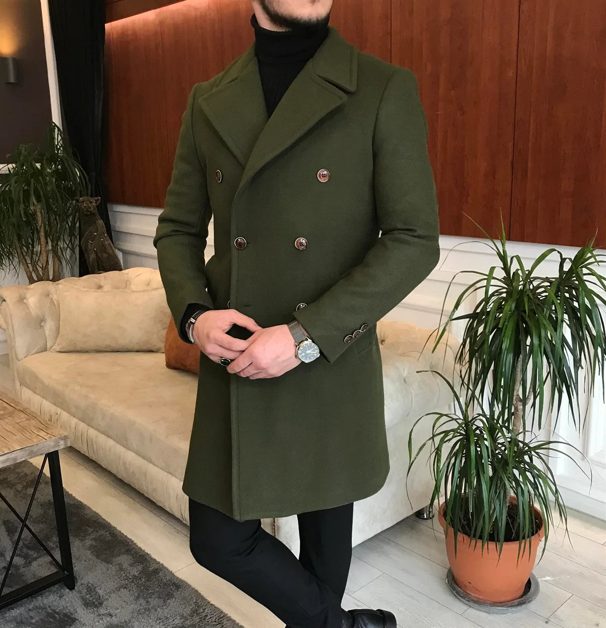 Frost Slim Fit Green Double Breasted Wool Coat by Italian Vega