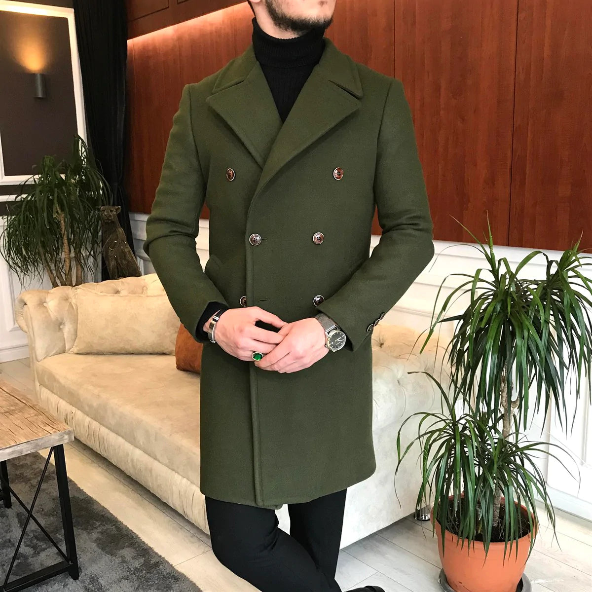 Frost Slim Fit Green Double Breasted Wool Coat by Italian Vega®