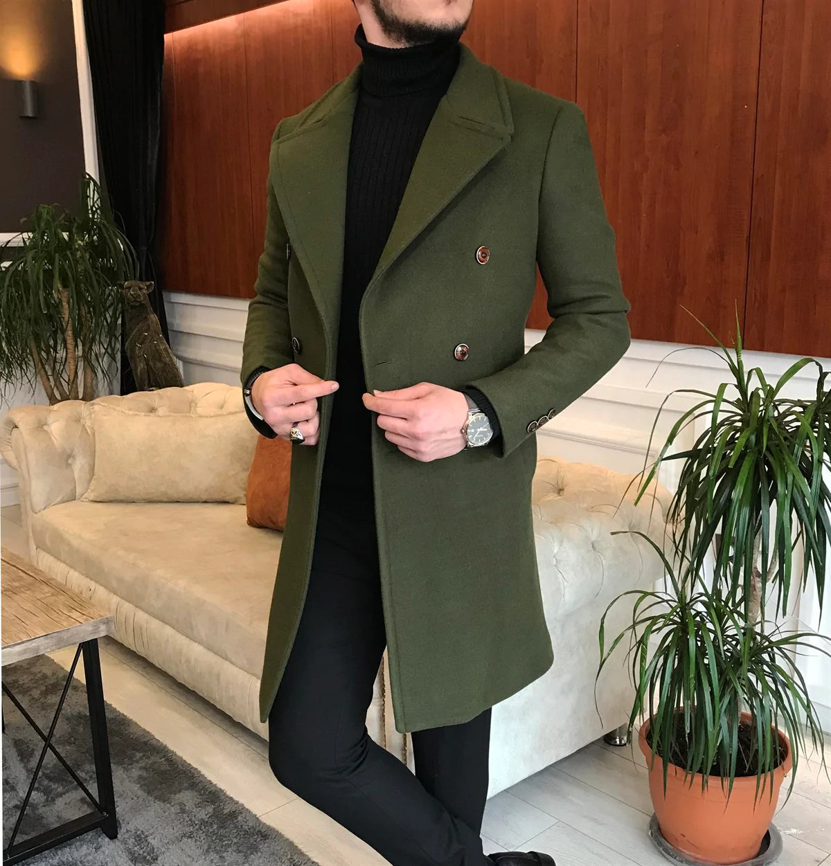 Frost Slim Fit Green Double Breasted Wool Coat by Italian Vega